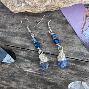 Wire Wrapped Sodalite Briolette Gemstone Dangle Earrings - Handmade